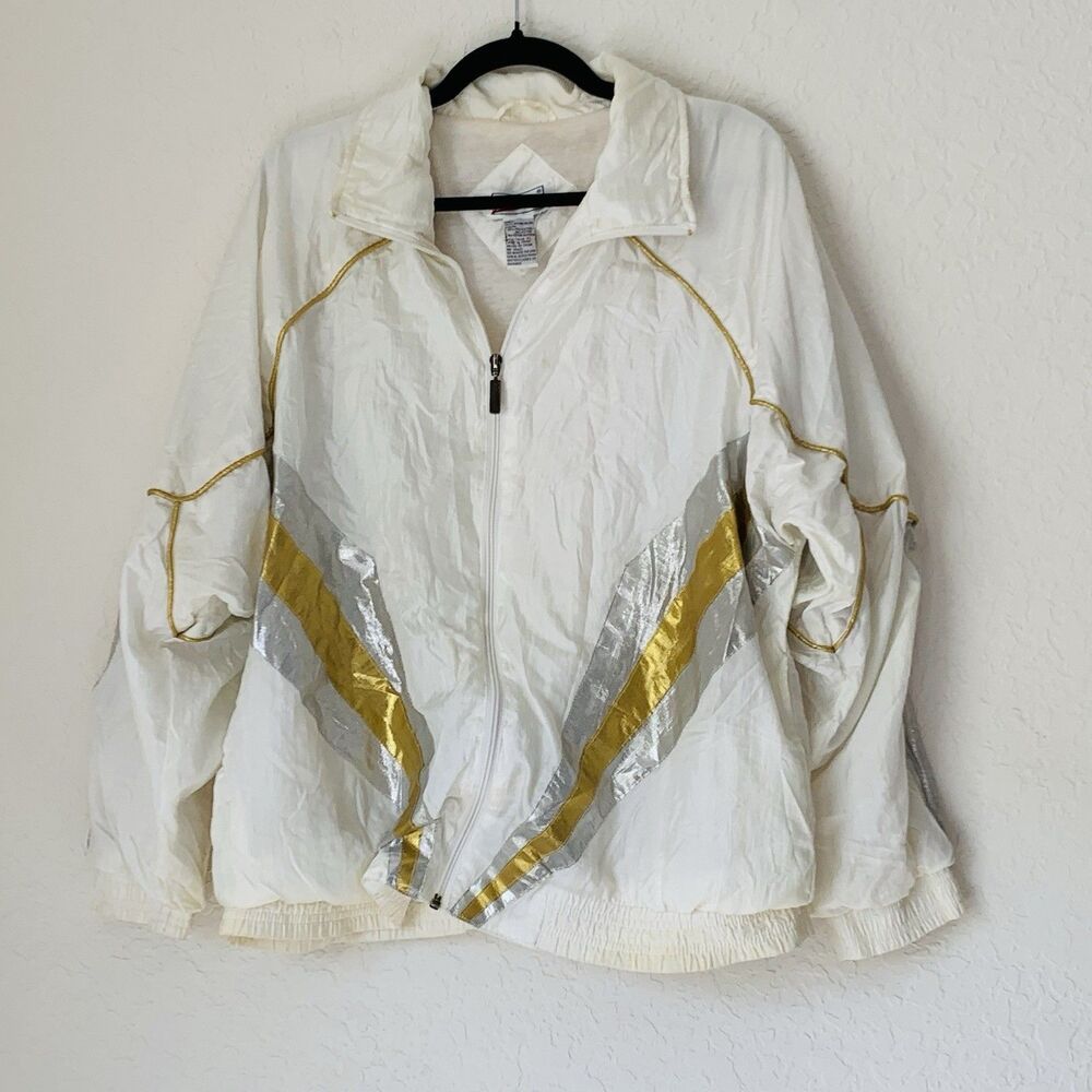 Vintage 90s‎ Jacket Janeve Adult XL White Gold Track Full Zip Windbreaker Nylon
